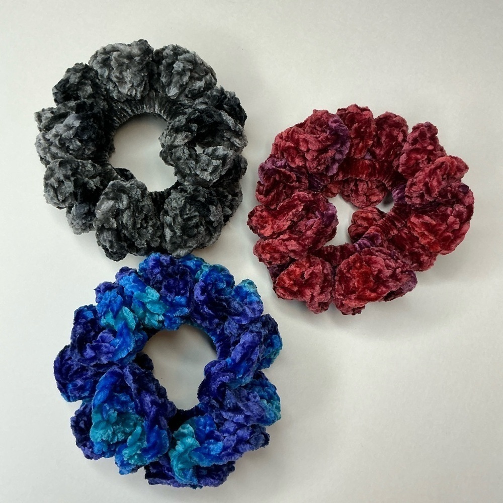 Crochet Crushed Velvet Scrunchie Set of 3 Oversized Hair Tie Plush Handmade - Picture 16 of 16